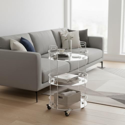 ONELUX Round Acylic Serving Cart for Home, Acylic Side Table on Wheels, Rolling Beverage Storage Shelf for, alternate view 3