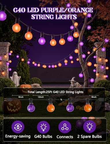 Orange and Purple Halloween Lights Outdoor, 25Ft 27 G40 Shatterproof Bulbs, alternate view 2