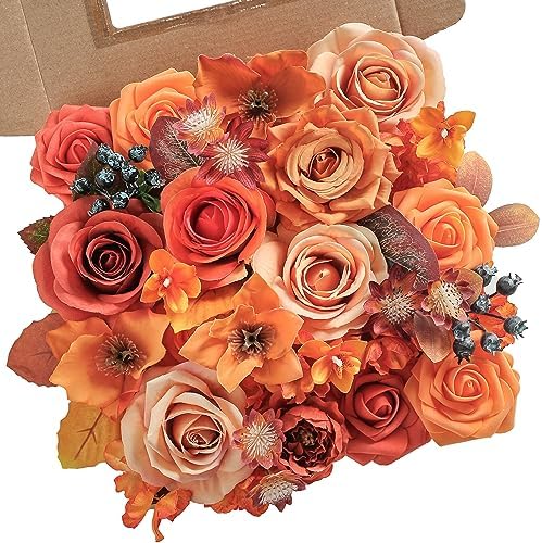 Orange Artificial Flowers Combo Box Set Fall Silk Flowers Fake Rose for DIY Floral Arrangements Wedding Bouquets