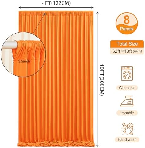 Orange Backdrop Curtains 32 x 10 ft for Photo Background Wrinkle Free Drape in W4' x H10'(8 panels) in Orange, alternate view