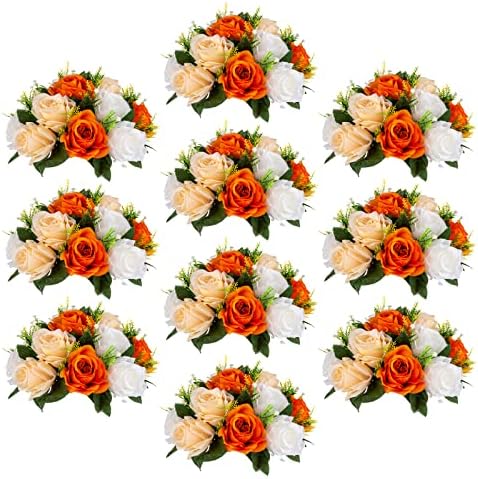 Orange Fake Flowers for Centrepiece, Kissing Silk Roses Ball, 10Pcs in White/Gold/Grey