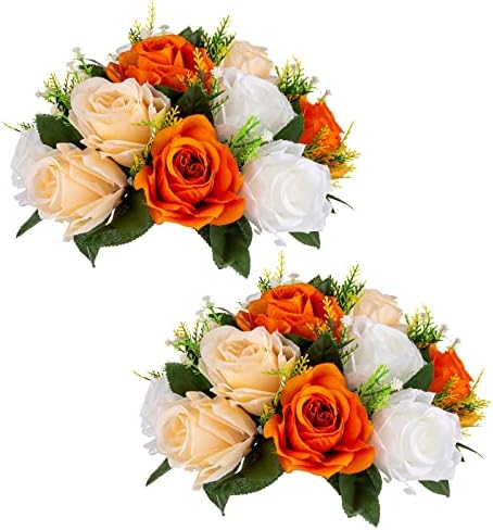 Orange Fake Flowers for Centrepiece, Kissing Silk Roses Ball, 2Pcs in White/Gold/Grey