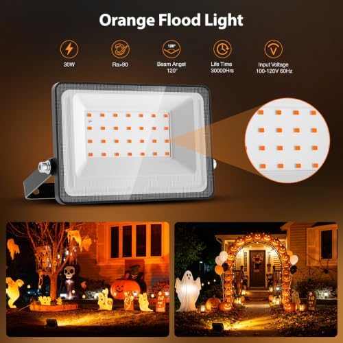Orange Halloween Flood Lights, 30W Dusk to Dawn Floodlight 2 Pack LED Spot Lights Outdoor Decoration, Auto, alternate view 3