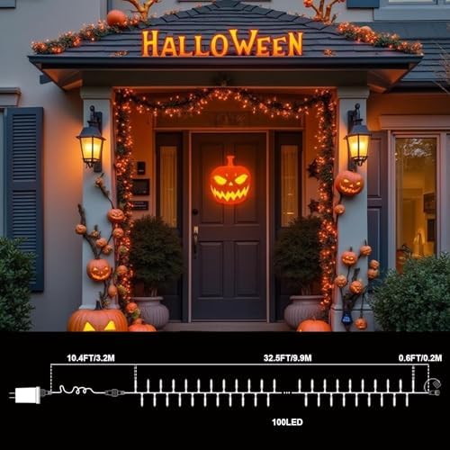 Orange Halloween String Lights Outdoor, Thanksgiving Mini Lights, 32.5FT 100 LED Waterproof Christmas Lights, alternate view