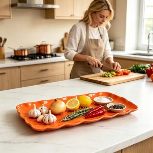 Orange Melamine Serving Trays Set of 2, 15.5 x 8 in Scalloped Platters in Harvest Orange, alternate view 2