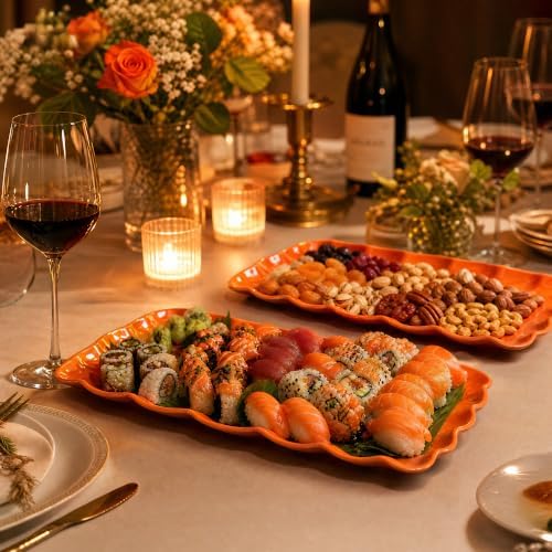 Orange Melamine Serving Trays Set of 2, 15.5 x 8 in Scalloped Platters in Harvest Orange, alternate view 5