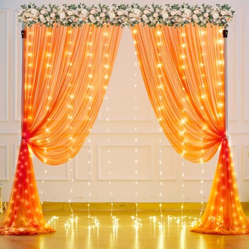 Orange Tulle Backdrop Curtain with Lights String for Parites 10x8ft Sheer Backdrop Curtains Drapes for Birthday, alternate