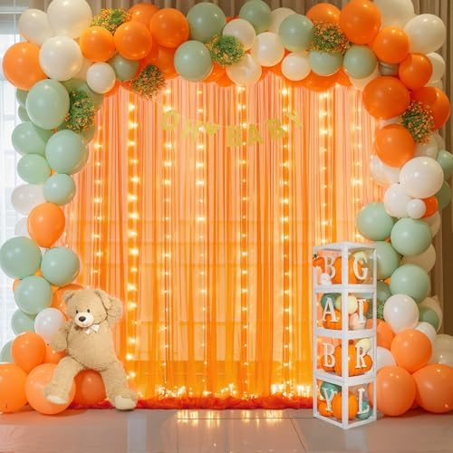 Orange Tulle Backdrop Curtain with Lights String for Parites 10x8ft Sheer Backdrop Curtains Drapes for Birthday, alternate
