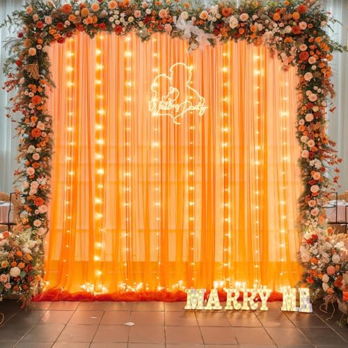 Orange Tulle Backdrop Curtain with Lights String for Parites 10x8ft Sheer Backdrop Curtains Drapes for Birthday, alternate