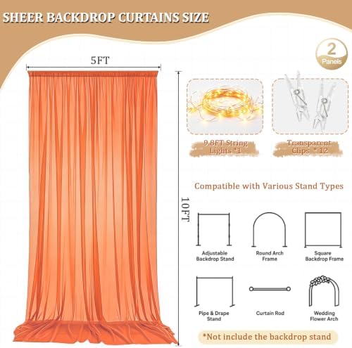 Orange Tulle Backdrop Curtain with String Lights, 10x8ft Sheer Backdrop Curtain for Photography, Thanksgiving, alternate view