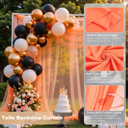 Orange Tulle Backdrop Curtain with String Lights, 10x8ft Sheer Backdrop Curtain for Photography, Thanksgiving, alternate view