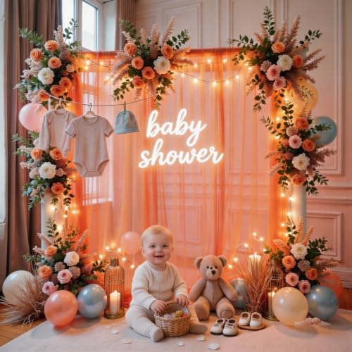 Orange Tulle Backdrop Curtain with String Lights, 10x8ft Sheer Backdrop Curtain for Photography, Thanksgiving, alternate view