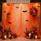 Orange Tulle Backdrop Curtain with String Lights, 10x8ft Sheer Backdrop Curtain for Photography, Thanksgiving, alternate view