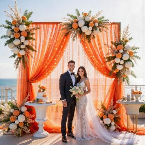 Orange Tulle Backdrop Curtain with String Lights, 10x8ft Sheer Backdrop Curtain for Photography, Thanksgiving, alternate view