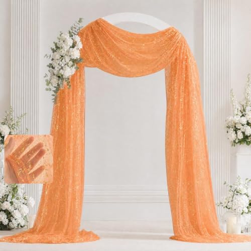 Orange Wedding Arch Draping Fabric 28" x 20FT, Glitter Sheer Backdrop Drapes for Wedding Ceremony Birthday Party