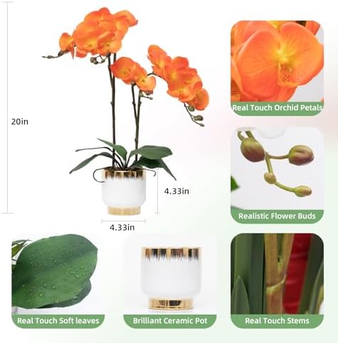 Orchids Artificial Flowers Real Touch Fake Flowers in Ceramic Pot 20" Orange Faux Orchid Plant Lifelike Silk, alternate view