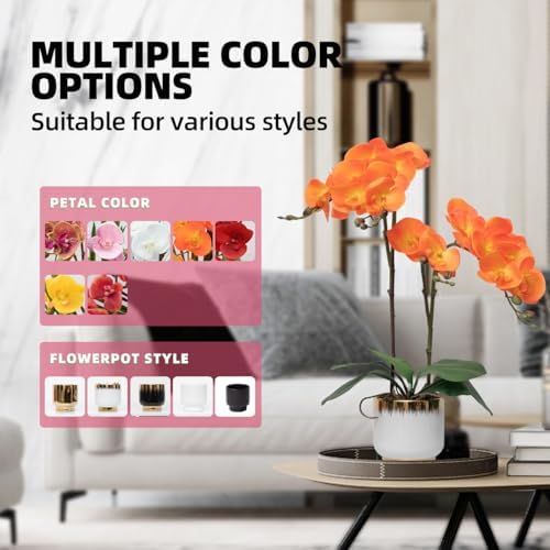 Orchids Artificial Flowers Real Touch Fake Flowers in Ceramic Pot 20" Orange Faux Orchid Plant Lifelike Silk, alternate view