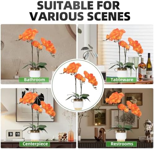 Orchids Artificial Flowers Real Touch Fake Flowers in Ceramic Pot 20" Orange Faux Orchid Plant Lifelike Silk, alternate view