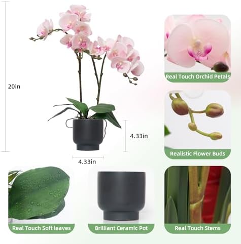 Orchids Artificial Flowers Real Touch Fake Flowers in Ceramic Pot 20" Pink Faux Orchid Plant Lifelike Silk, alternate view 2