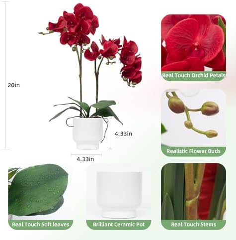 Orchids Artificial Flowers Real Touch Fake Flowers in Ceramic Pot 20" Red Faux Orchid Plant Lifelike Silk, alternate view 2