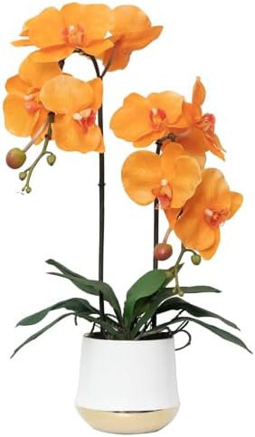 Orchids Artificial Flowers Realistic Fake Flowers in Ceramic Pot 20" Orange Lifelike Faux Floral Arrangement