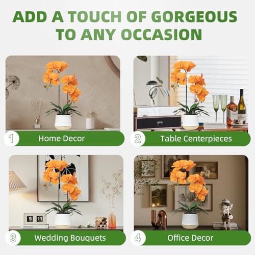 Orchids Artificial Flowers Realistic Fake Flowers in Ceramic Pot 20" Orange Lifelike Faux Floral Arrangement, alternate view