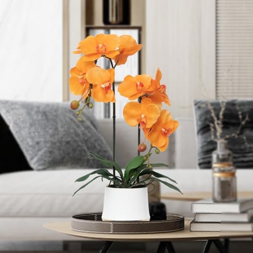 Orchids Artificial Flowers Realistic Fake Flowers in Ceramic Pot 20" Orange Lifelike Faux Floral Arrangement, alternate view