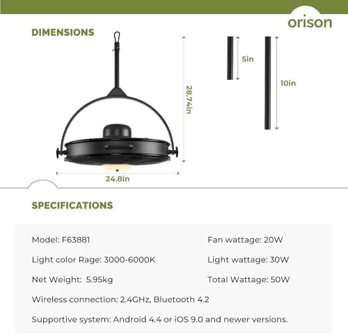 Orison 24.8'' Waterproof Outdoor Ceiling Fan, 6 Speed Ceiling Mounted Plug-In Cord Garage Fan with Remote&APP, alternate view