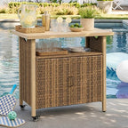 Outdoor Bar Table with Storage Cabinet, Patio Serving Cart with Wheels, Wicker Bar Cart and Grill Cart Prep