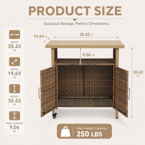 Outdoor Bar Table with Storage Cabinet, Patio Serving Cart with Wheels, Wicker Bar Cart and Grill Cart Prep, alternate view 2