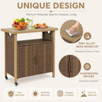 Outdoor Bar Table with Storage Cabinet, Patio Serving Cart with Wheels, Wicker Bar Cart and Grill Cart Prep, alternate view 4