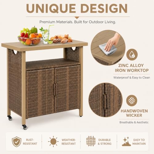 Outdoor Bar Table with Storage Cabinet, Patio Serving Cart with Wheels, Wicker Bar Cart and Grill Cart Prep, alternate view 4