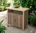Outdoor Bar Table with Storage Cabinet, Patio Serving Cart with Wheels, Wicker Bar Cart and Grill Cart Prep, alternate view 5