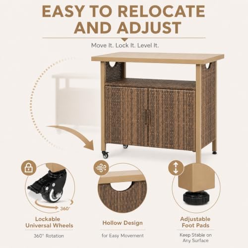 Outdoor Bar Table with Storage Cabinet, Patio Serving Cart with Wheels, Wicker Bar Cart and Grill Cart Prep, alternate view 6