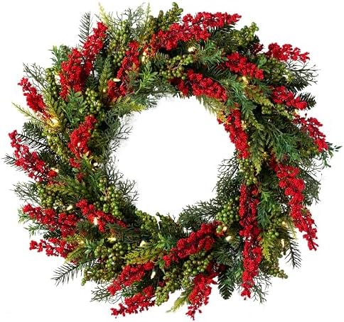 Outdoor Berry Burst Christmas Wreath - 28" Delightfully Festive Front Door Wreath with Red Pepperberries &