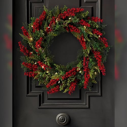 Outdoor Berry Burst Christmas Wreath - 28" Delightfully Festive Front Door Wreath with Red Pepperberries &, alternate view 2