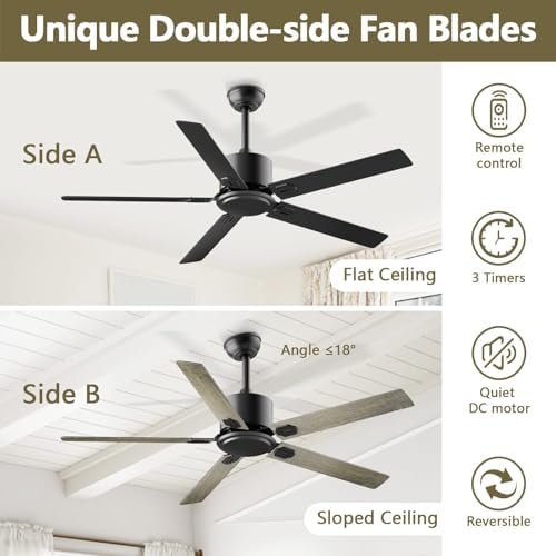 Outdoor Ceiling Fan No Light, 42 Inch Black Modern Ceiling Fan Without Light, Dual Finish 5 Blades,6 Speed, alternate view 3