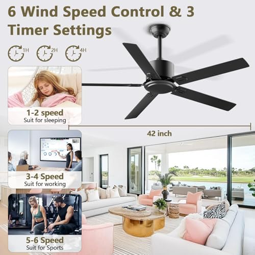 Outdoor Ceiling Fan No Light, 42 Inch Black Modern Ceiling Fan Without Light, Dual Finish 5 Blades,6 Speed, alternate view 4