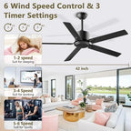 Outdoor Ceiling Fan No Light, 42 Inch Black Modern Ceiling Fan Without Light, Dual Finish 5 Blades,6 Speed, alternate view 4