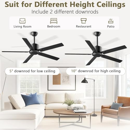 Outdoor Ceiling Fan No Light, 42 Inch Black Modern Ceiling Fan Without Light, Dual Finish 5 Blades,6 Speed, alternate view 5