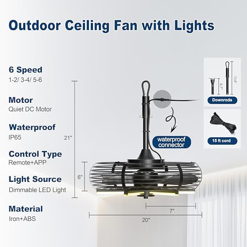 Outdoor Ceiling Fans with Lights, 20'' Hanging Fan, Plug and Play in Black, alternate view 2