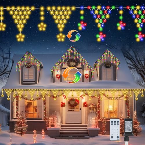 Outdoor Christmas Decorations Lights 13.8ft 200 LED Christmas Lights with 11 Stars, Dimmable Curtain Fairy Light