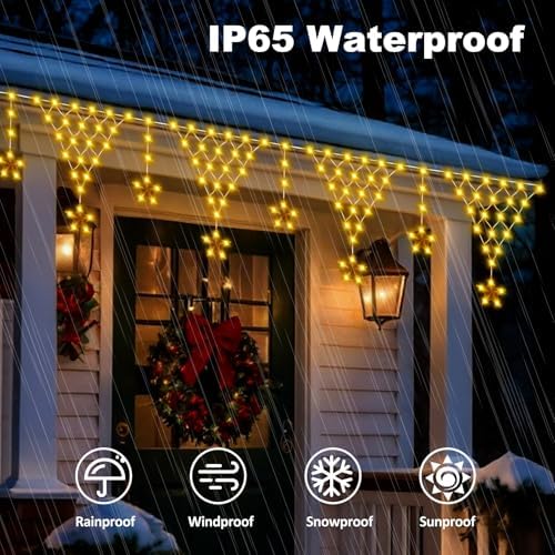 Outdoor Christmas Decorations Lights 13.8ft 200 LED Christmas Lights with 11 Stars, Dimmable Curtain Fairy Light, alternate