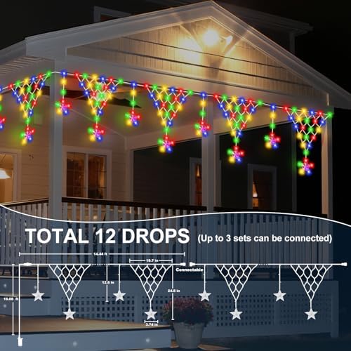 Outdoor Christmas Decorations Lights 13.8ft 200 LED Christmas Lights with 11 Stars, Dimmable Curtain Fairy Light, alternate