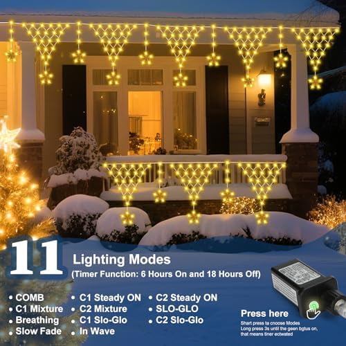 Outdoor Christmas Decorations Lights 13.8ft 200 LED Christmas Lights with 11 Stars, Dimmable Curtain Fairy Light, alternate