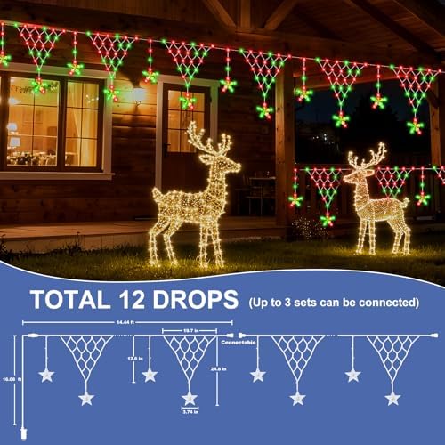 Outdoor Christmas Decorations Lights 13.8ft 200 LED Christmas Lights with 11 Stars, Dimmable Curtain Fairy Light, alternate