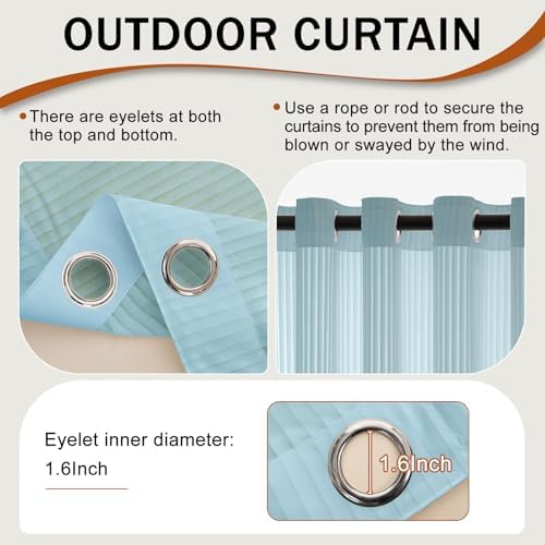Outdoor Curtains for Patio Blue Sheer Curtains 95 Inches Long 2 Panels Set with Zipper Top & Bottom Grommet, alternate view 3