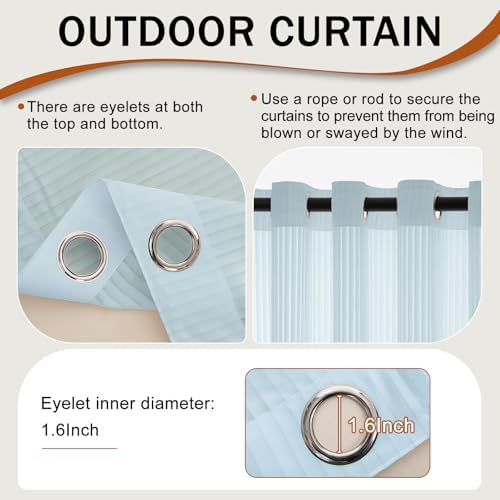 Outdoor Curtains for Patio Blue Sheer Curtains 95 Inches Long 2 Panels Set with Zipper Top & Bottom Grommet, alternate view 3
