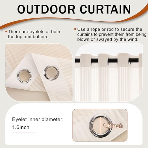 Outdoor Curtains for Patio Cream Sheer Curtains 120 Inches Long 2 Panels Set with Zipper Top & Bottom Grommet, alternate view