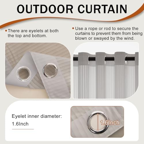 Outdoor Curtains for Patio Grey Sheer Curtains 120 Inches Long 2 Panels Set with Zipper Top & Bottom Grommet, alternate view